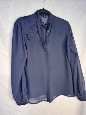 Jacques Vert Women’s Navy Blue Embroidered Button-Up Blouse